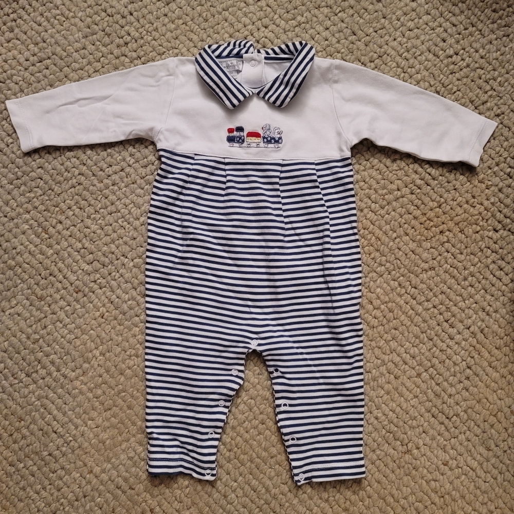 Kissy Kissy Navy and White Striped Collar Footie Onesie 9 months Pre-owned